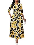 Maxi Dresses for Women Semi Formal Long Dress 3/4 Sleeve Casual A-line Church Dresses with Pockets (Floral, Medium)