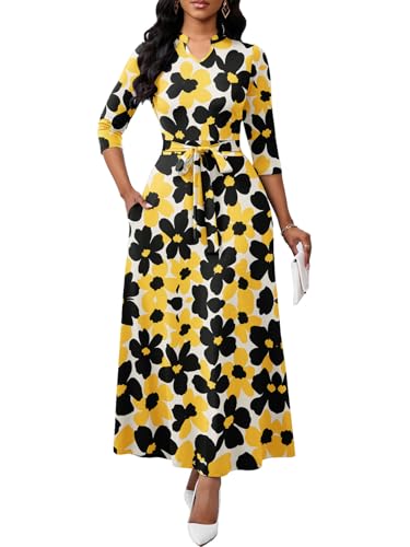 Image of BubFee Maxi Dresses for Women Semi Formal Long Dress 3 /4 Sleeve Casual A-line Church Dresses with Pockets