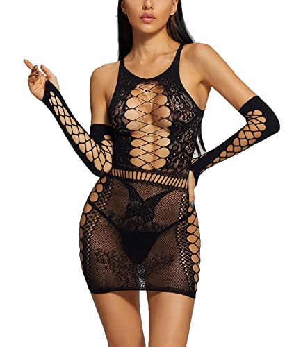Image of Xs and Os Women's Net Solid Above Knee Babydoll Bodysuit Lingerie