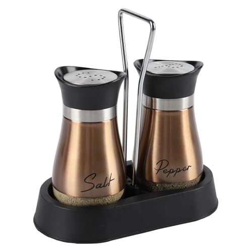 Salt and Pepper Sets,Salt and Pepper Shakers Sets with Holder,Set of 2 Stainless Steel Glass Bottle Stainless Steel Salt Shaker Dispenser for Cooking BBQ (Golden)