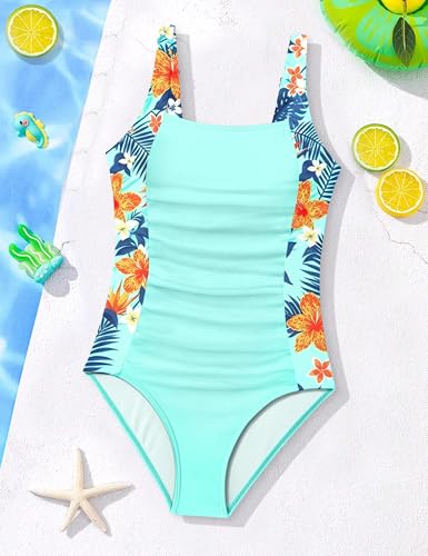 Image of BAVEDER Girls Swimsuit One Piece Swimsuits Solid Ruched Bathing Suit for Girls Full Coverage Modest Padded Swimwear 9-18y