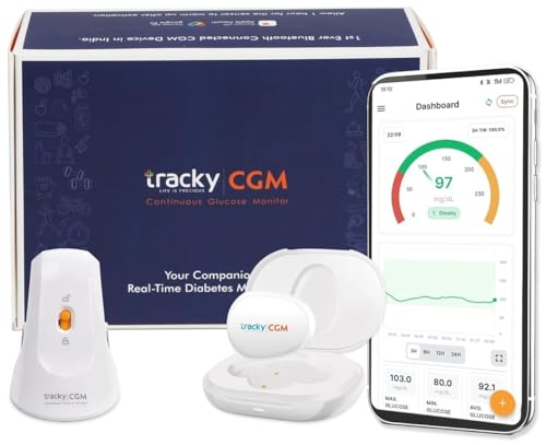 Tracky CGM Smart Glucose Monitor Device With Transmitter and Sensor, Real-Time Bluetooth-Connected Continuous Blood Glucose Monitoring for Diabetes & Sugar Test 14-Day Sensor, App-Integrated System