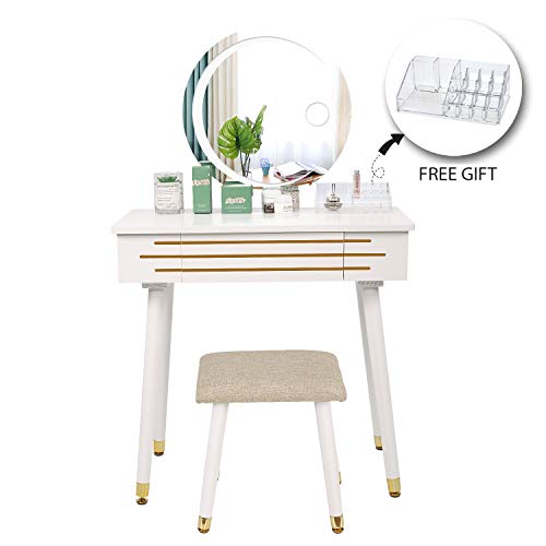 ARTETHYS Vanity Table Set with Touch Adjustable Vanity Mirror 3 Color Lighting Modes Dressing Table with Vanity Bench Stool & Makeup Organizer (Round Mirror)