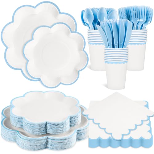 350 Pcs Blue and White Paper Plates and Napkins Set, Tableware for 50 Guest