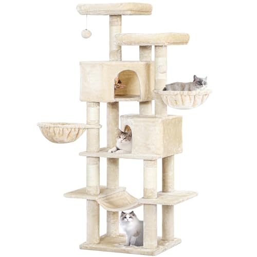 Kratzbaum für Große Katzen 180 cm hoch, Katzenbaum mit 2 Höhlen, 3 Liegemulden, 2 Aussichtsplattformen, Sisal Seil Kratzsäulen, viele Plüschbälle (beige)