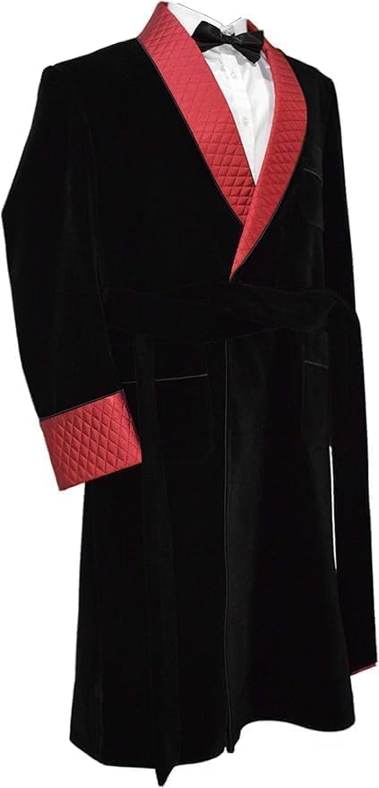 Men’s Black Velvet Smoking Robe with Red Quilted Satin Shawl Lapel – Luxury Vintage Dinner Jacket3