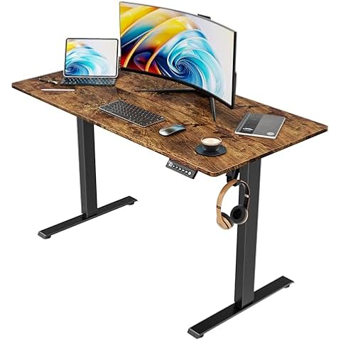 VVENACE 48 inches Electric Standing Desk Adjustable Height, Home Office Desks, Stand up Desks Sit Stand Desk Rising Desks for Home Office, 4 Memory Height, 2 Hooks, Rustic Brown Spliced Desktop Cover
