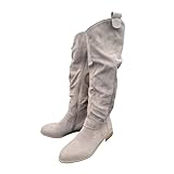 DSXH Women's Low Heel Side Zip Suede High Top Boots，Womens Mid Calf Boots Knee Stretchy Low Heel Booties Zip Strap Riding Winter Slouch Shoes, Beige-37