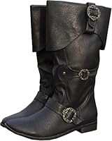Baitang Mittelalterliche Ritterstiefel für Erwachsene Cosplay - Retro Langschaft Leder Manschettenschuhe - PU Leder Stiefel Renaissance Plus Size Stiefel Schuhe mit Gürtelschnalle,Schwarz,45