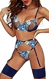 Kimlyf Dessous Damen Sexy Reizwäsche Set Frauen Unterwäsche mit Strapse mit BH und Slip mit Bein Band 4 Stück innen Dunkelblau M