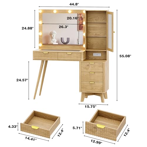 Image of Vanity Desk with Mirror and Lights, 45 inch Fluted Makeup Vanity Desk with Lights &5 Drawers, Glass Top Vanitys with Lighted Mirror and RGB Cabinet, Dressing Table with Power Outlet for Bedroom, Oak