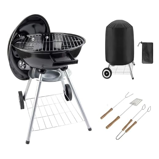 BBQ Grill Patio Portable Charcoal Kettle BBQ Garden Camping Caravan Outdoor Barbecue With Cooking Utensils Tools & Cover heels Stand Ball Rounded Bbq on wheels Black 43.5 cm Stainless Steel