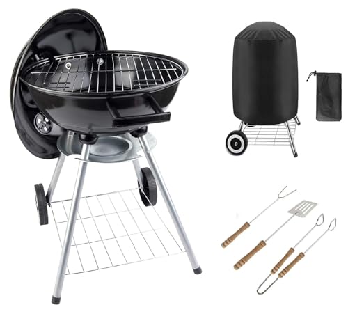 BBQ Grill Patio Portable Charcoal Kettle BBQ Garden Camping Caravan Outdoor Barbecue With Cooking Utensils Tools & Cover heels Stand Ball Rounded Bbq on wheels Black 43.5 cm Stainless Steel