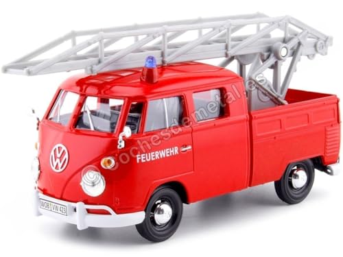 Motormax Volkswagen Type 2 (T1) Fire Truck con Escalera Aérea Feuerwehr Rojo Modelo de Auto Diecast 1/24