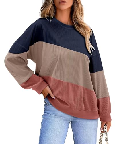 KISSMODA Womens Casual Long Sleeve Sweatshirts Color Block/Solid Tops Corduroy Crewneck Tunic Pullover with Pockets
