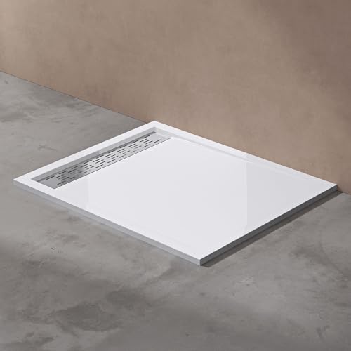 doporro Receveur de Douche Blanc Bac à Douche Extra Plat Rectangulaire en Acrylique 80x100x5cm Design Xetro04