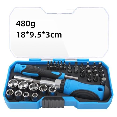 URPIZY Juego de 34 destornilladores de carraca con puntas CR-V para Pozidriv y Torx, mango antideslizante, revestimiento de cromo, incluye caja de almacenamiento, color azul y negro