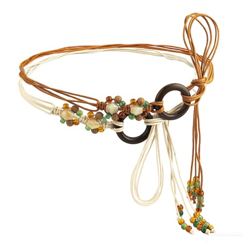 ILuvatar 2-Piece Handwoven Boho Waist Chain Set, Brown & White Tone Wooden Ring Accent Layered Waist Belt, Colorful Bead Tassel Belt for Women, Adjustable Bohemian Body Chain, One Size