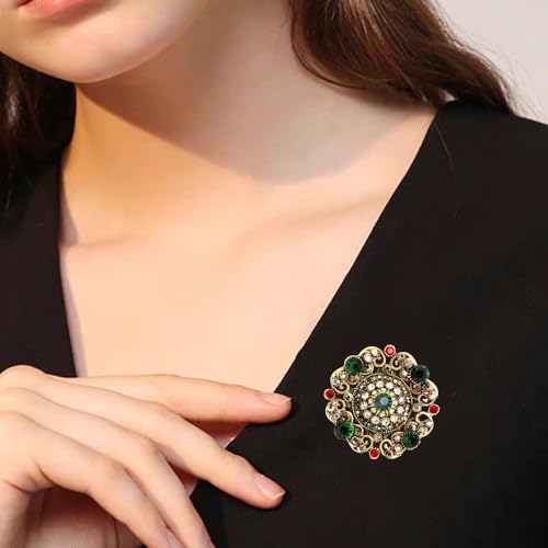Image of Antique Round Rhinestone Brooch Pin for Women Girls Vintage Baroque Red Green Crystal Boho Style Brooches Lapel Pins Elegant Dress Accessories Christmas Wedding Festival Ornament Jewelry Gift