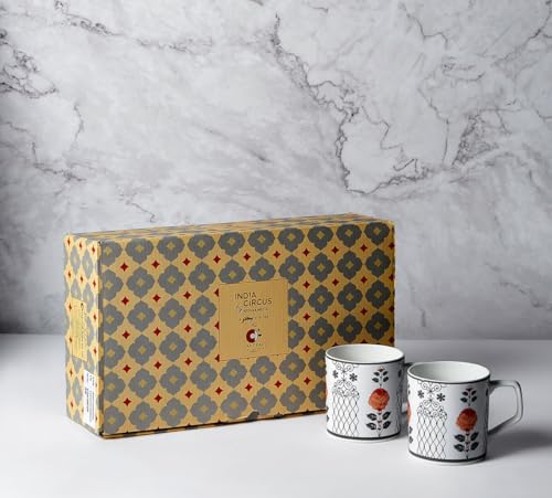 Image of India Circus by Krsnaa Mehta Onyx Elegance Bone China Coffee Mug Set of 6 | Tea Cup with Handles | Microwave and Dishwasher Safe | Designer Multicolor | 220 mL Each