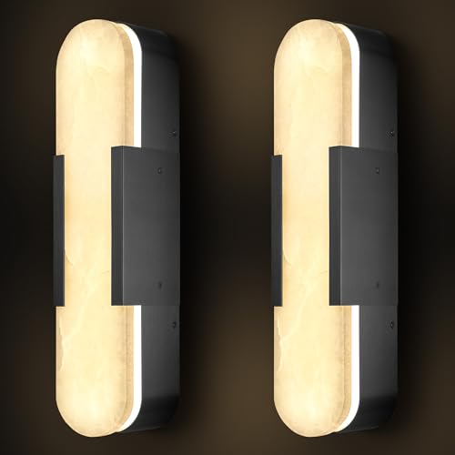 Image of Alabaster Wall Sconces Set of 2,19.7'' Brass Wall Sconce Natural Marble Wall Sconce for Bathroom, Indoor Modern Wall Light Fixtures for Living Room Hallway Stairs Vanity Bedside, Black