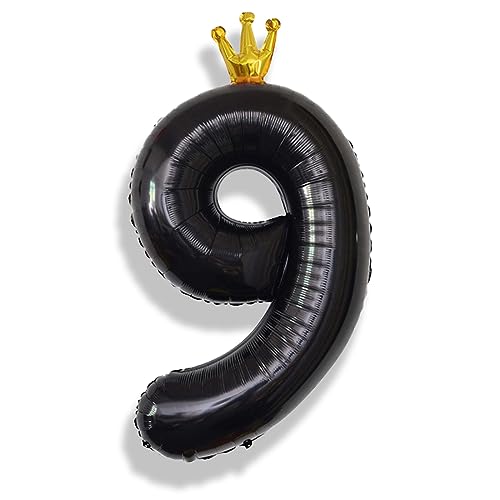 Image of Isndare 40 Inch Crown Black Number 9 Balloon, 1 Count, Perfect for Birthday Party Decorations, Unisex, All Ages