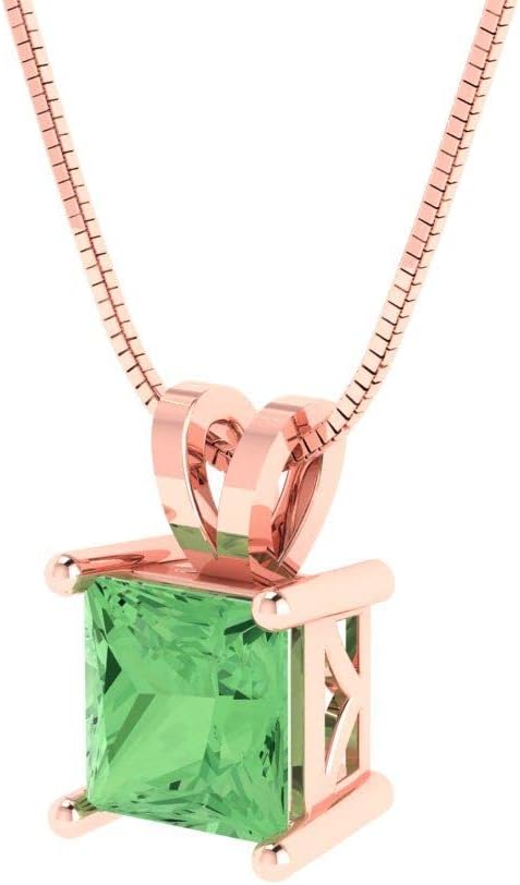 Clara Pucci 1.5 cttw Green Simulated Diamond Rose Gold-Plated Silver Necklace and Pendant for Women (16" Box Chain,Princess Cut,6.5mm) - Image 2