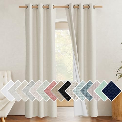 NICETOWN Natural Full Blackout Boho-Chic Linen Curtains 80 inch Long 2 Panels Set for Cafe Window 34 inch Wide Thick Linen Blend Drapes Insulated Window Covers Draperies with White Backing