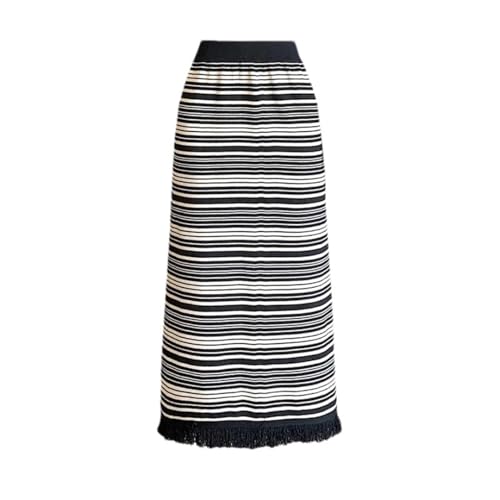 Women Vintage Striped Tassel High Waist Party Long Skirt Fall Winter Straight Wrap Hip Knit Skirts
