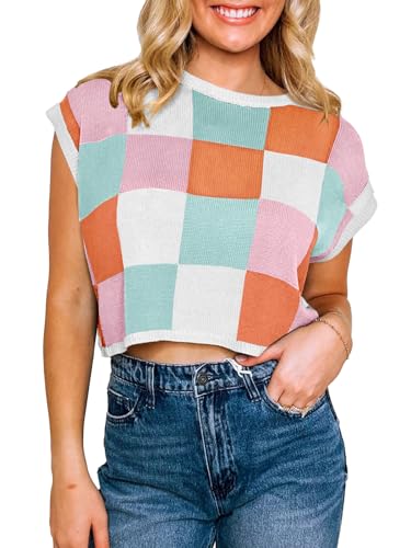 Saodimallsu Womens Cap Sleeve Crop Tops Summer Color Block Going Out Crew Neck Knit Trendy Casual Sweater2