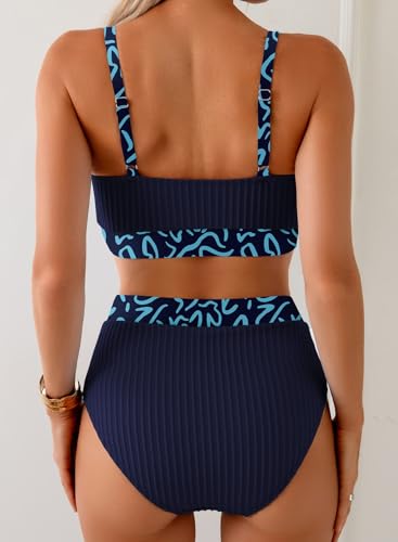 Image of Herseas Women's Textured Bikini Sets Floral Print Trim Scoop Neck Swimsuits High Waisted Bathing Suits