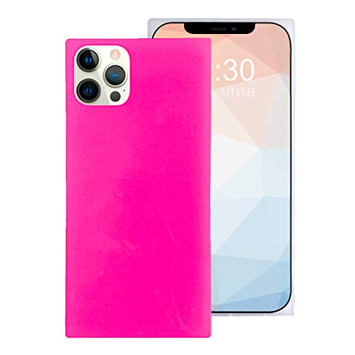 Omorro for Neon Phone Square iPhone 12 Pro Max Case for Women, Bright Fluorescence Luxury Designer Flexible Soft Slim TPU Rubber Gel Bumper Square Edge Protective Hot Pink Girly Square Phone Case