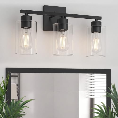 Image of Matte Black Bathroom Vanity Light, 3-Light Vanity Lighting fixtures Over Mirror, Round Design & UL Certification, Wall Sconces with Clear Glass Shades, E26 Socket (Bulbs Not Included)