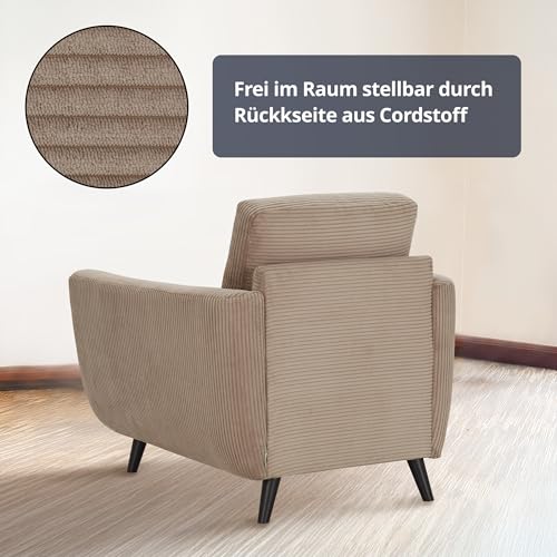 smart Sessel Wanja, Cordstoff Schlamm, 94x90x90cm - Skandi-Design, inkl. Rückenkissen, Polyätherschaum & Wellenunterfederung, Massivholzfüße, frei stellbar
