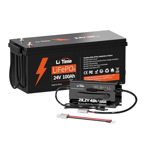 Image of LiTime 24V 100Ah LiFePO4 Lithium Battery with 29.2V 40A LiFePO4 Battery Charger, Built-in 100A BMS, Up to 15000 Cycles, Max. 2560W Load Power for RV /Camper, Solar, Trolling Motor, Marine, Off-Grid