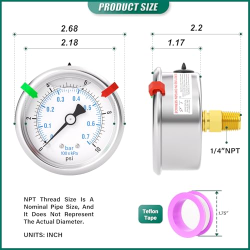 Image of 0-10PSI Stainless Steel Liquid Filled Pressure Gauge, 2.5 inch Dial Size, 1 /4 inch NPT Back Mount, for Tube, Water Pump, Gas, Liquid, Pressure Test (with Range Mark Pointer)