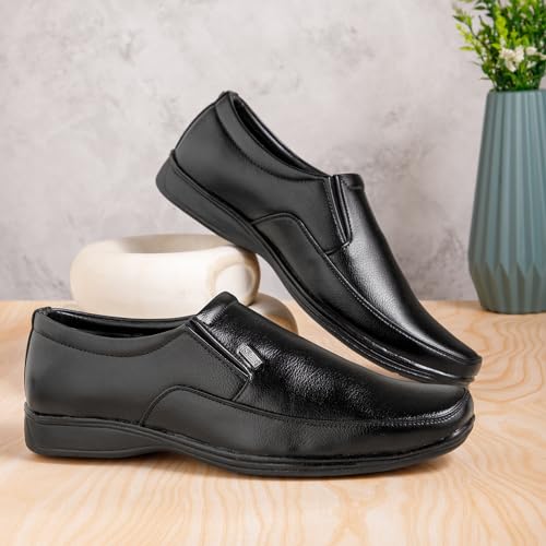 Image of NOBILITY Faux Leather Black Formal Slip On Shoes for Men || Comfortable Walking || Classic Design || Breathable || Slip Resistant ||
