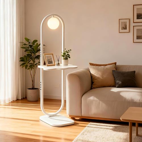 Image of Lightdot 47-Inch Arch Floor Lamp, Modern Standing Lamp with Table, White Metal Frame with Globe Shade, Living Room Bedroom Lighting, G9 LED Bulb Included for Sofa Beside /Corner Decor
