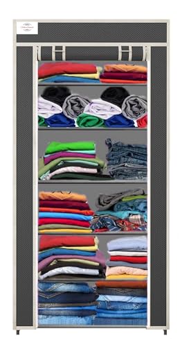 Image of CMerchants Metal Multipurpose Collapsible Organizer With Non Woven Dustproof Zip Cover For Clothes (6 Shelve) (Black)