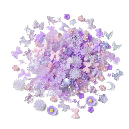 Stiesy 200Pcs Purple Series Slime Charms Mixed Shapes Lavender Resin Cabochons Flat Back Craft Charms for Nail Crafting Hair Clips Decor Accessories