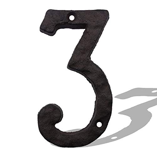 6 Inch House Numbers, Cast Iron Metal Home Address Number, Heavy Duty & Sturdy, Unique Hammered Look, Number 3
