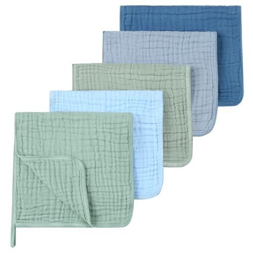 Image of SnugOre Muslin Burp Cloths 5 Pack Large 20x12 inches Baby Burping Cloths, 6-Layer 100% Cotton for Newborn Boys Girls, Ultra Soft & Absorbent (Blue & Green)