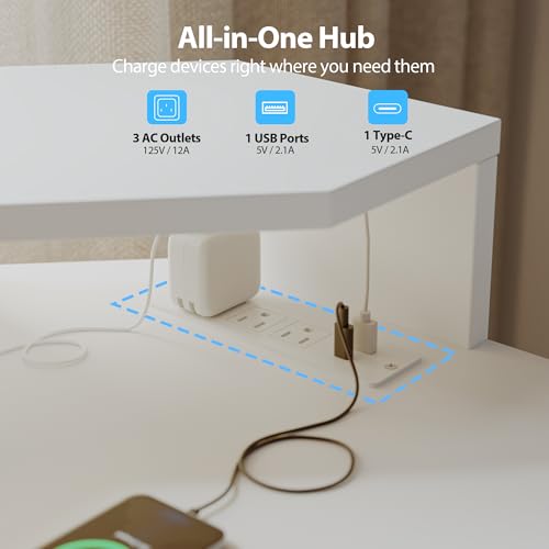 Image of Agilestic 63 Inch L Shaped Electric Standing Desk with Shelf, Height Adjustable Large Desk with Power Outlet & LED, Corner Sit Stand Up Table with Monitor Stand, Computer Workstation, White