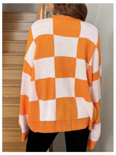 Image of SHENHE Women's Checkered Color Block Oversized Sweater Plaid Crew Neck Drop Shoulder Pullovers