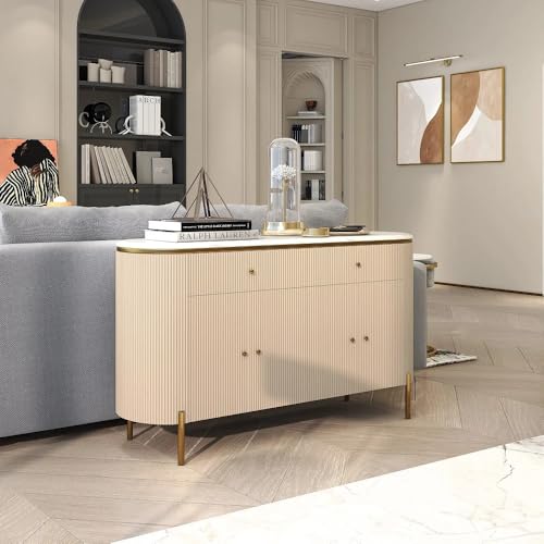 Image of Modern Console Table, 55 x 15 x 30 inch, White Ribbed Design, Marble Top, Gold Accents, 4-Door Storage Cabinet, Waterproof Plywood, PVD-Coated Legs, Elegant Entryway (Ivery)
