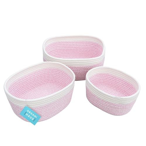 Image of OrganiHaus Set of 3 Pink Baskets for Organizing, Nursery Storage Basket for Closet, Small Woven Basket, Cotton Rope Basket for Storage, Decorative Storage Bins for Shelves, Baby Storage Organizer