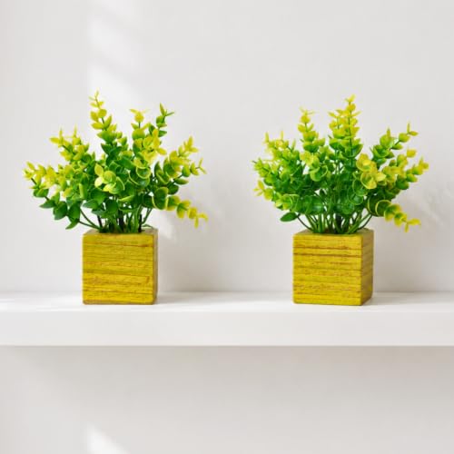 Image of DecoreBugs Artificial Eucalyptus Plant with Plastic Pot (Pack of 2) | 12 cm Height | Mini Potted Plants for Shelf Decor, Home, Office, Living Room, Desk & Table Item Decoration