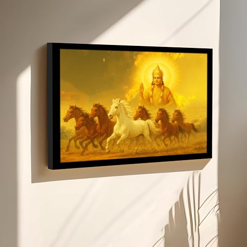 Image of Divine 7 Running Horses Vastu Framed Wall Art Painting for Living Room | Golden Spiritual Seven Horse Painting With Frame Symbol of Positivity & Progress Wall Art for Home & Office, 14x18 Inch
