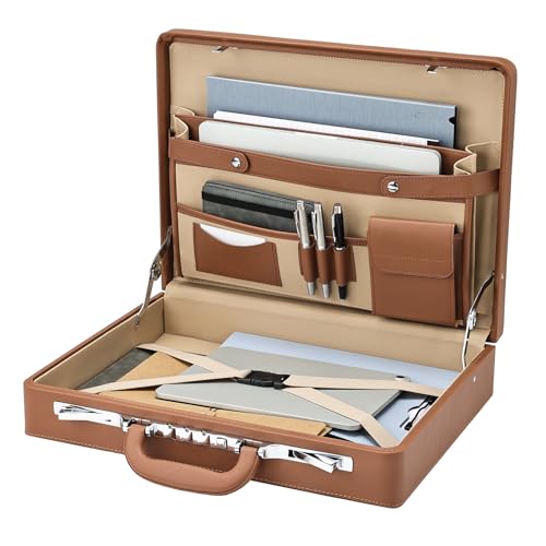 Men's Leather Briefcase with Lock, 16-Inch Laptop, Brown