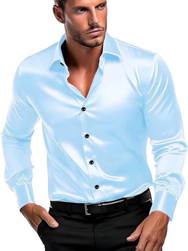 Image of IndoPrimo Men's Satin Shirt with Spread Collar Neck Line Solid Pattern Full Sleeves Regular Fit Western Style and Standard Length